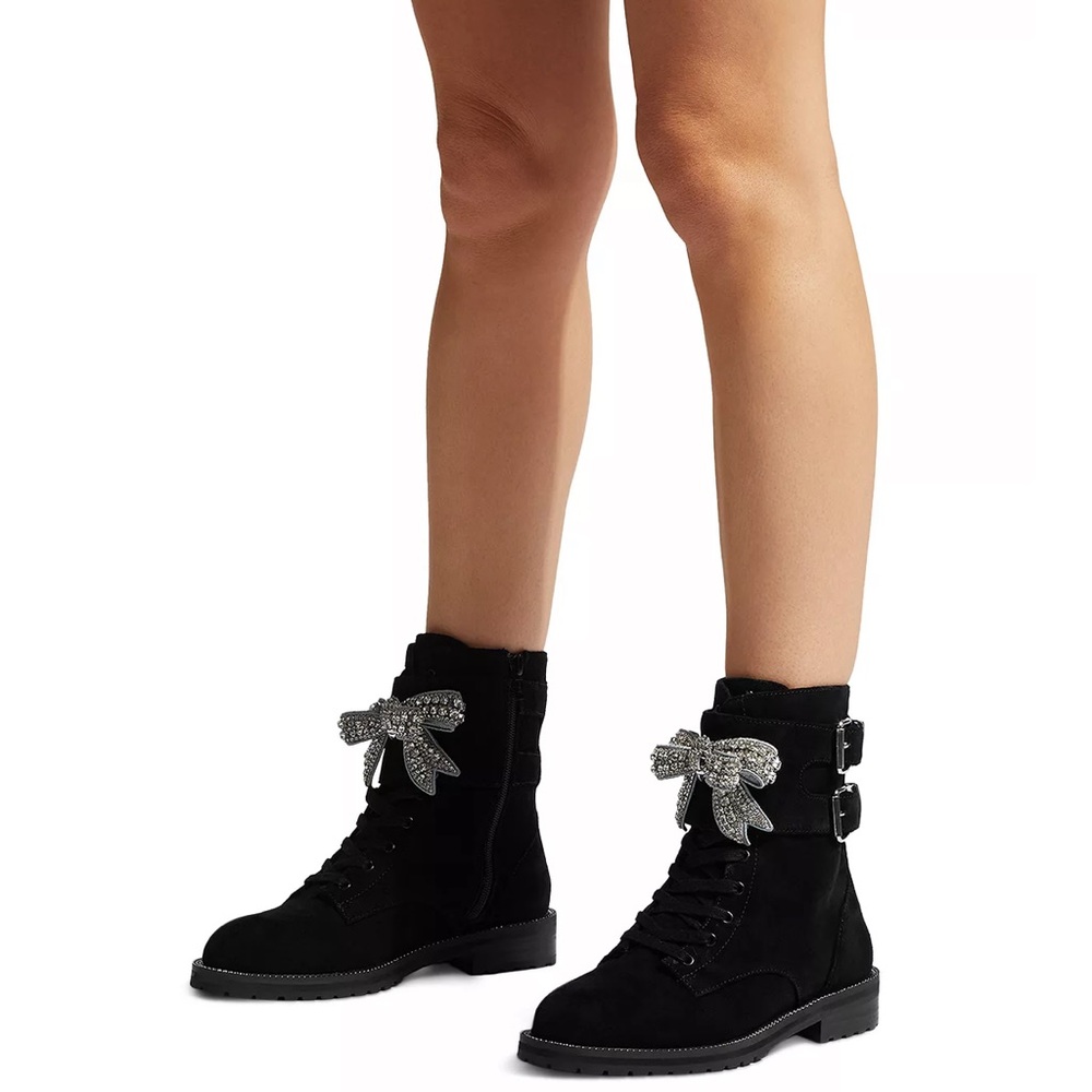 KURT GEIGER LONDON Women's Sutton Bow Suede Combat Boots